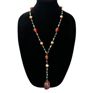 Artisan Agate Egg Pearls Dyed Turquoise Howlite Front Close Y Drop Necklace